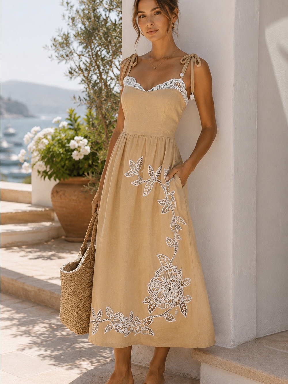 Caroline Constas Linen Blend Midi Dress L Crochet Lace Resort Coastal NWT